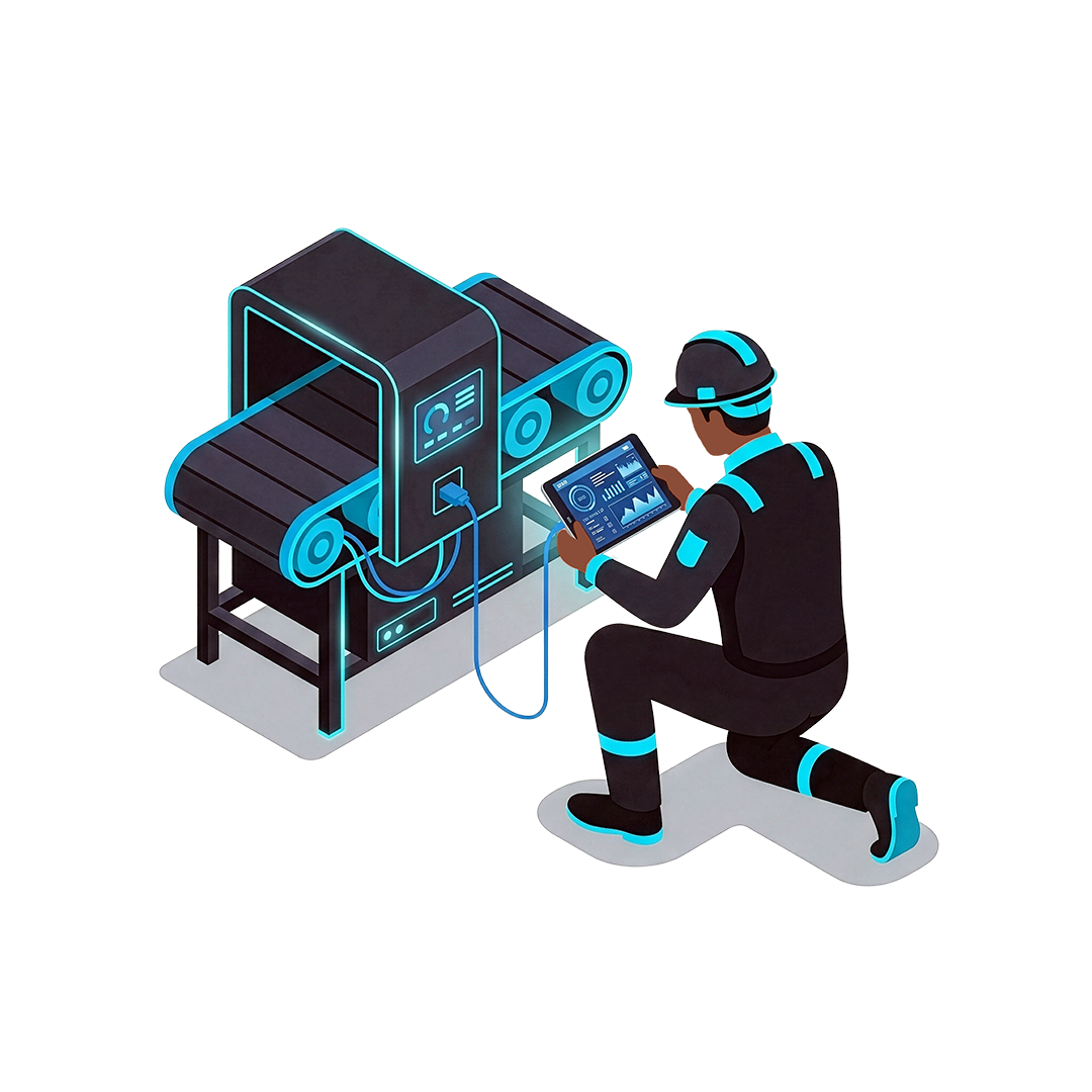 Technician using AI assistant with industrial equipment